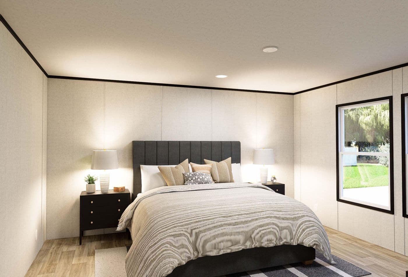 The HORIZON DAWN Primary Bedroom. This Manufactured Mobile Home features 3 bedrooms and 2 baths.