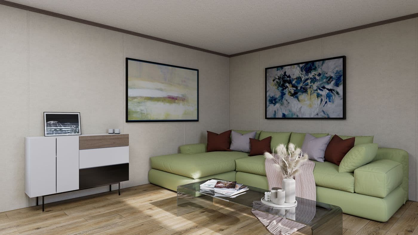 The 7216-CC01 CORNERSTONE 72 Living Room. This Manufactured Mobile Home features 3 bedrooms and 2 baths.