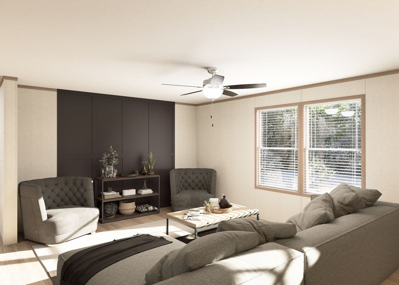 The THE RESERVE 60 Living Room. This Manufactured Mobile Home features 3 bedrooms and 2 baths.