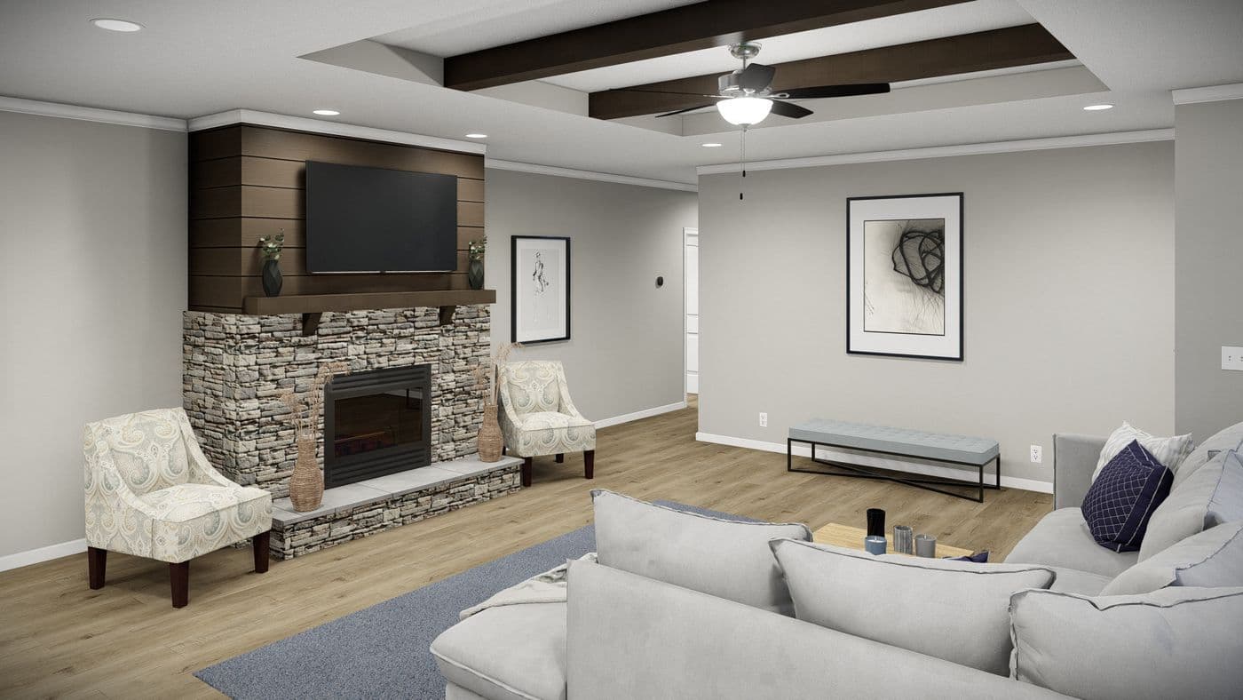 The HUXTON II Living Room. This Manufactured Mobile Home features 4 bedrooms and 2 baths.