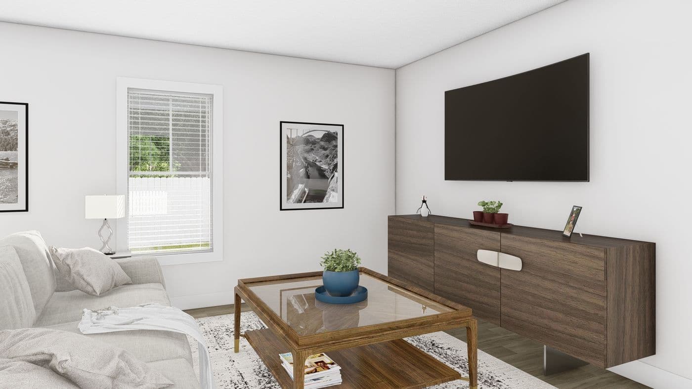 The RAMSEY 218-1 Living Room. This Manufactured Mobile Home features 3 bedrooms and 2 baths.