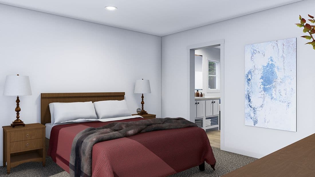 The LET IT BE Primary Bedroom. This Manufactured Mobile Home features 3 bedrooms and 2 baths.