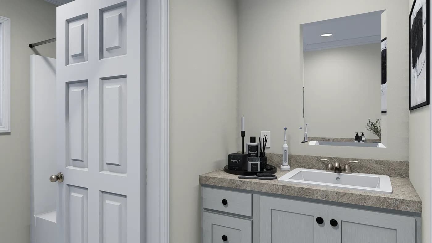 The 5425 "RIDGE" 7628 Guest Bathroom. This Manufactured Mobile Home features 4 bedrooms and 2 baths.
