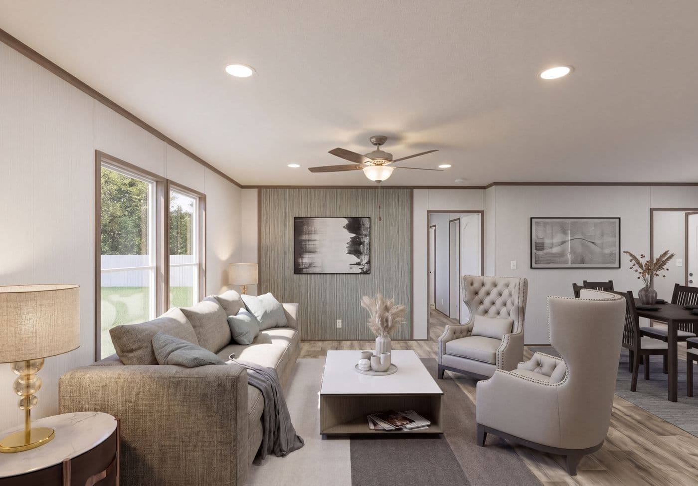 The THE MOUNTAINEER 64 Living Room. This Manufactured Mobile Home features 3 bedrooms and 2 baths.