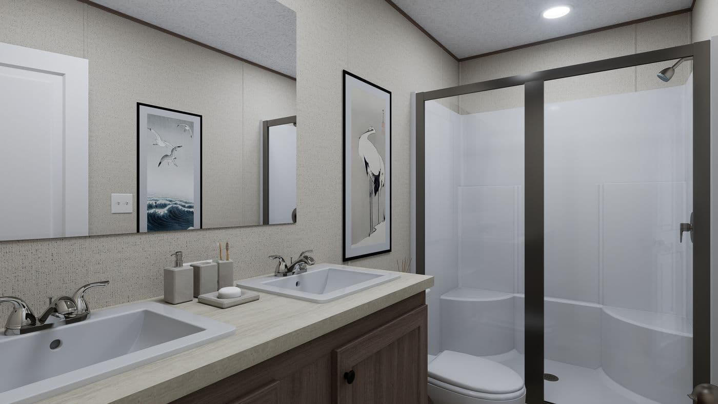 The FOOTHILLS 56 Primary Bathroom. This Manufactured Mobile Home features 2 bedrooms and 2 baths.