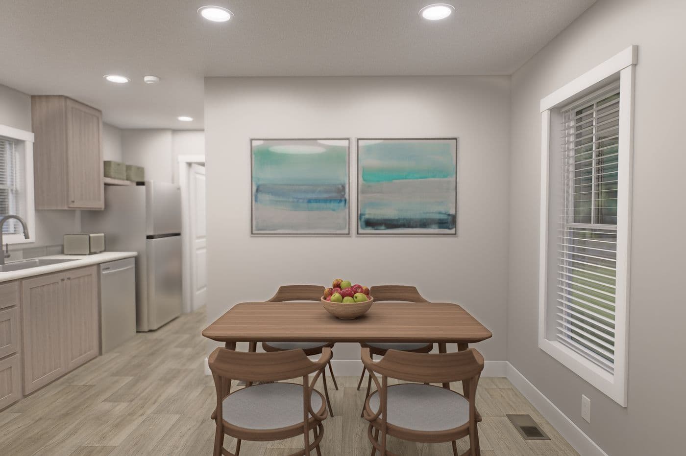 The RIGHT CHOICE 106 Dining Room. This Manufactured Mobile Home features 3 bedrooms and 2 baths.
