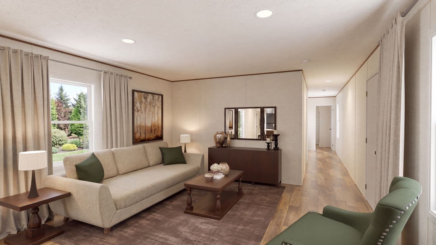 The BIRCH Living Room. This Manufactured Mobile Home features 3 bedrooms and 2 baths.
