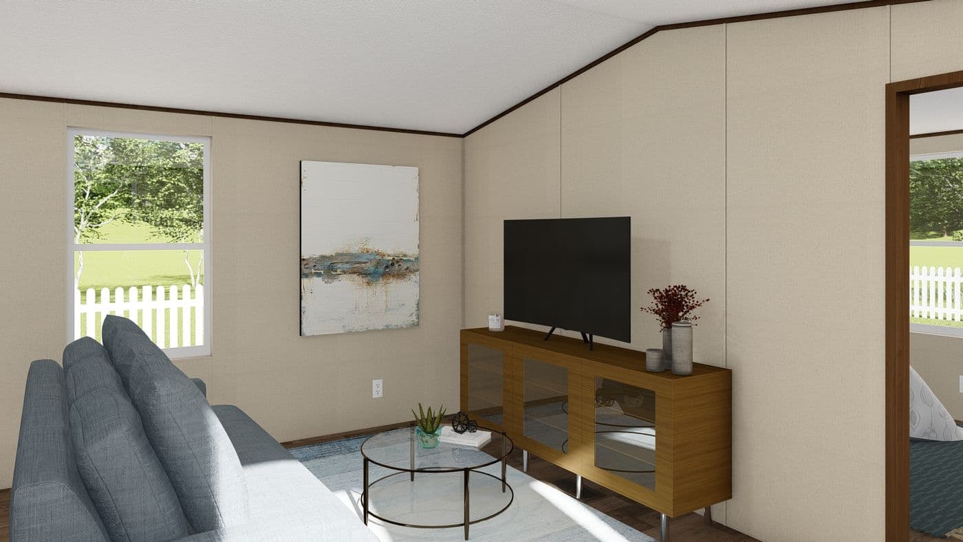The BLISS Living Room. This Manufactured Mobile Home features 2 bedrooms and 1 bath.