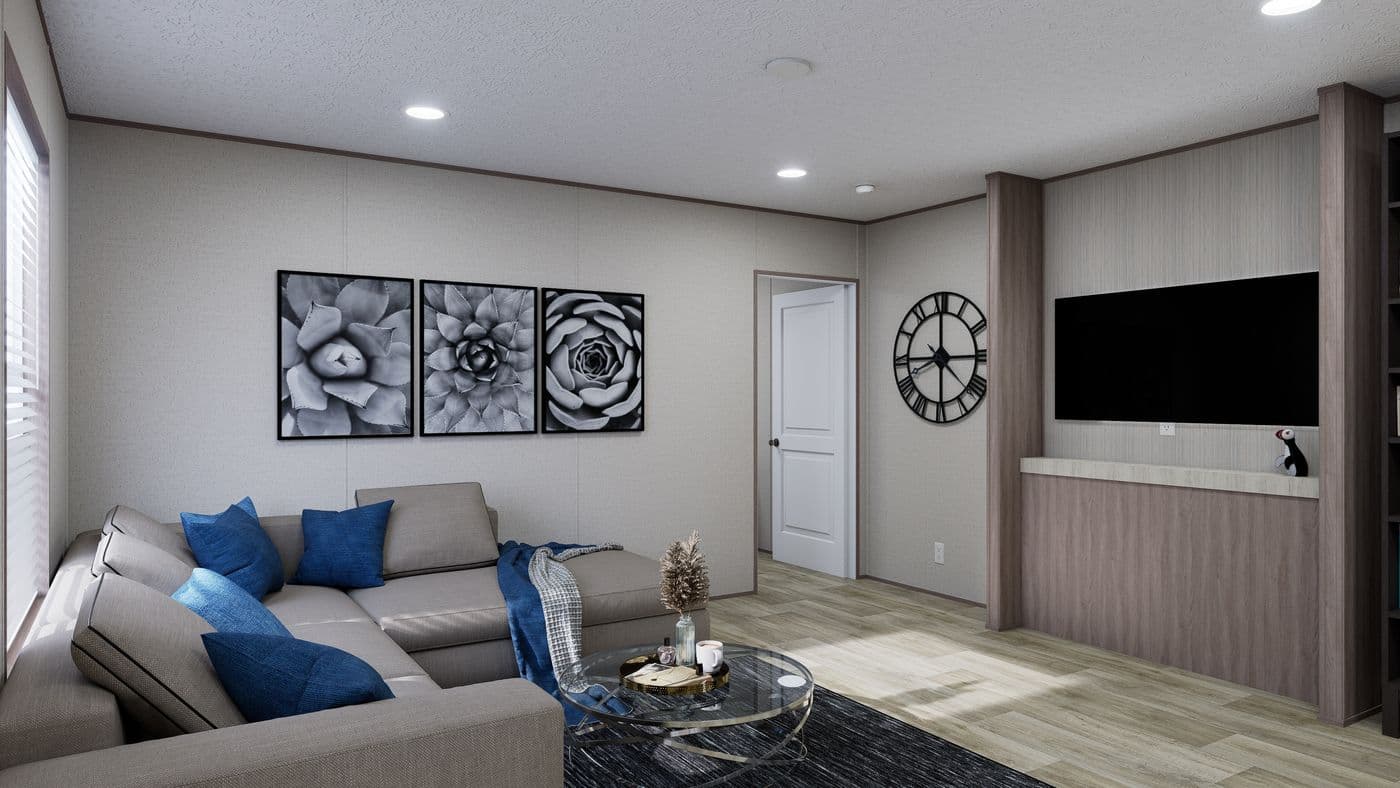 The FOOTHILLS 72 Living Room. This Manufactured Mobile Home features 3 bedrooms and 2 baths.