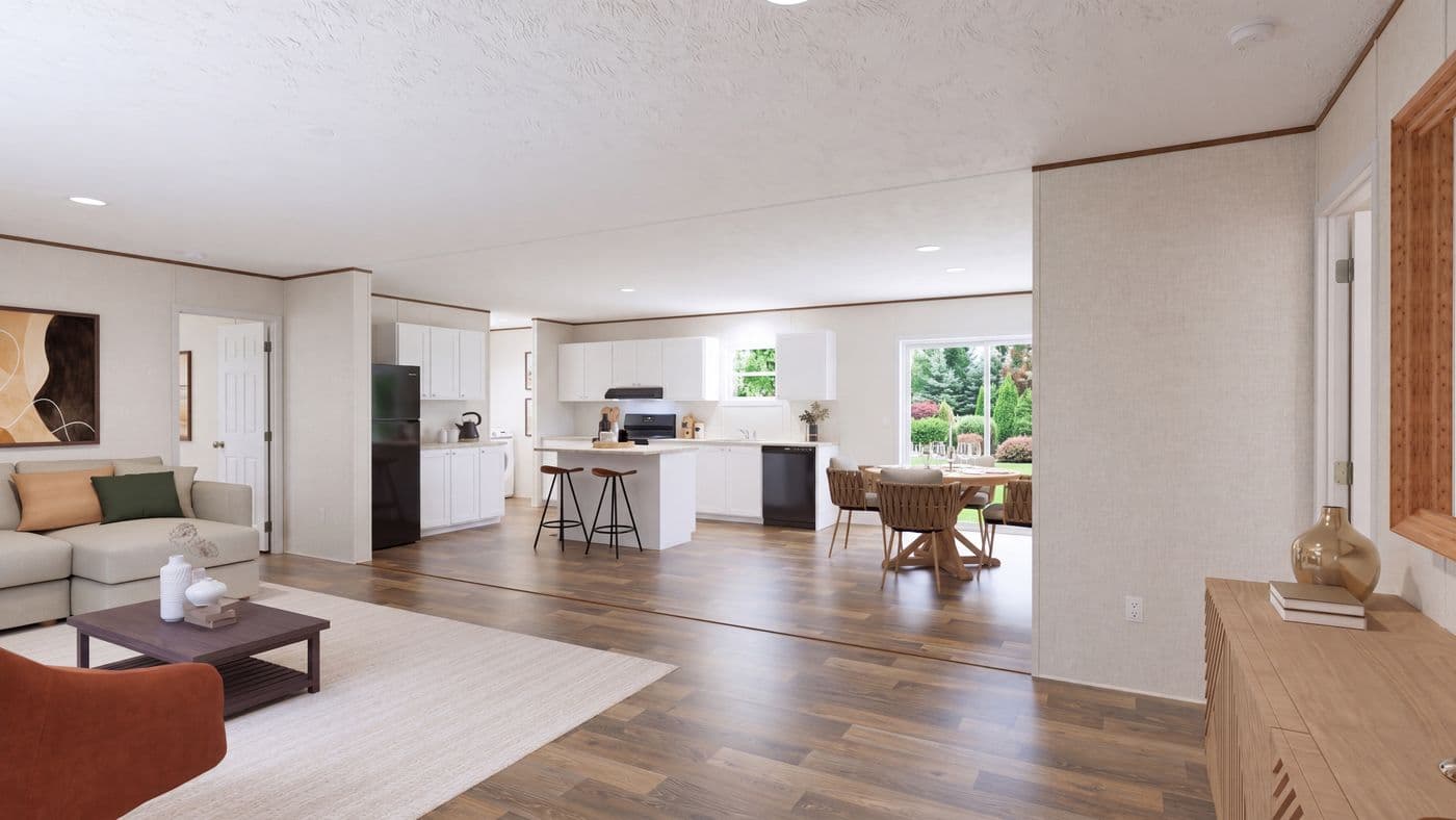 The SPRUCE Foyer. This Manufactured Mobile Home features 3 bedrooms and 2 baths.
