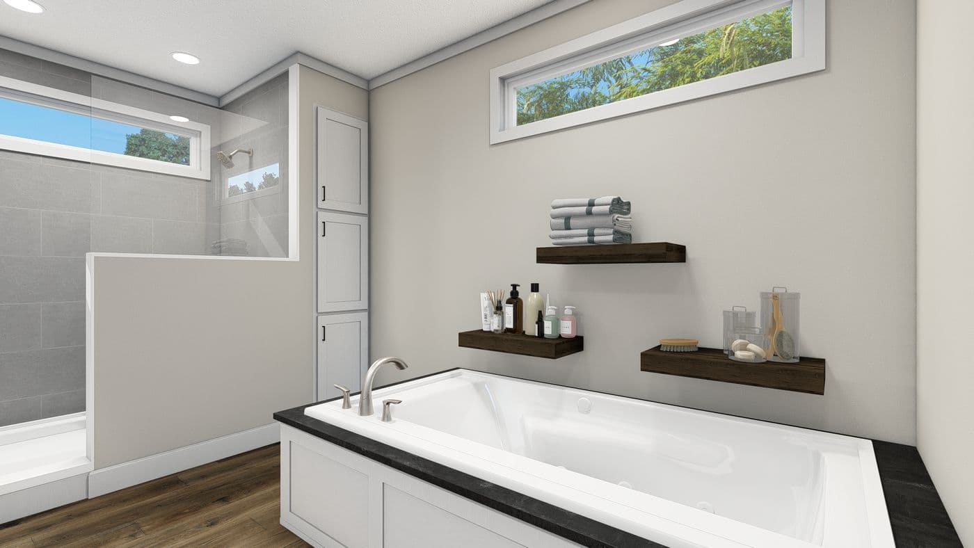 The THE DENALI Primary Bathroom. This Manufactured Mobile Home features 3 bedrooms and 2 baths.