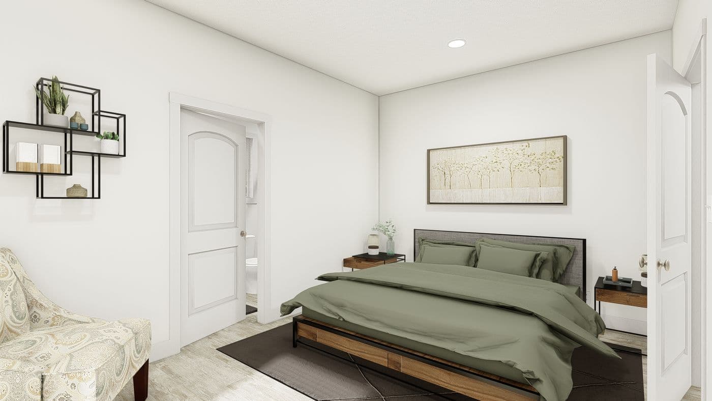 The HRR-1656-2A               CURE Primary Bedroom. This Manufactured Mobile Home features 2 bedrooms and 2 baths.