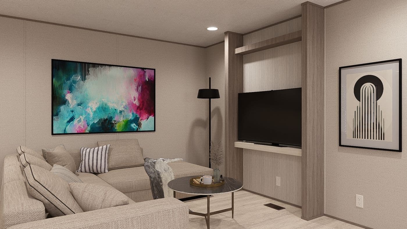 The BLAZER 56 B Living Room. This Manufactured Mobile Home features 2 bedrooms and 2 baths.