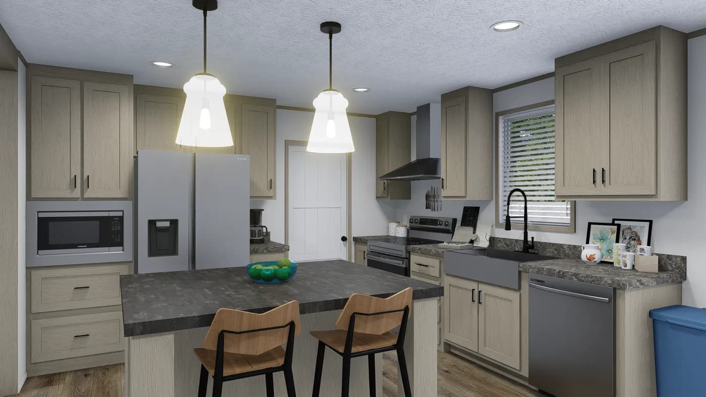 The LEO Kitchen. This Manufactured Mobile Home features 3 bedrooms and 2 baths.