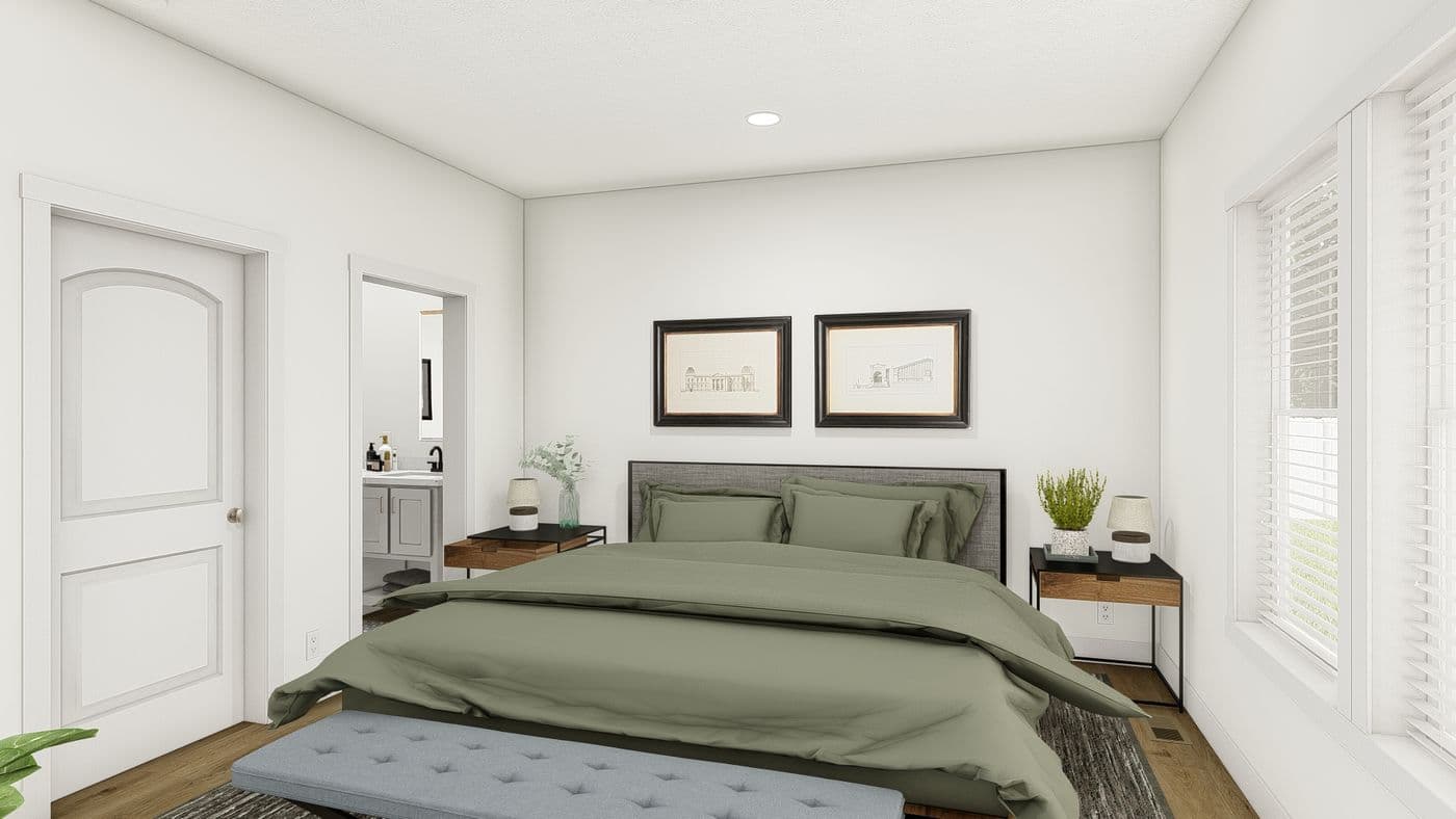 The HRR 2856-3E          LIGHTFOOT Primary Bedroom. This Manufactured Mobile Home features 3 bedrooms and 2 baths.