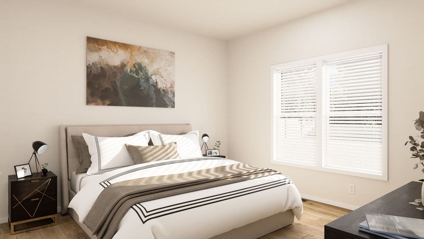 The PREFERRED PLUS CP561F  CLAYTON Primary Bedroom. This Manufactured Mobile Home features 3 bedrooms and 2 baths.