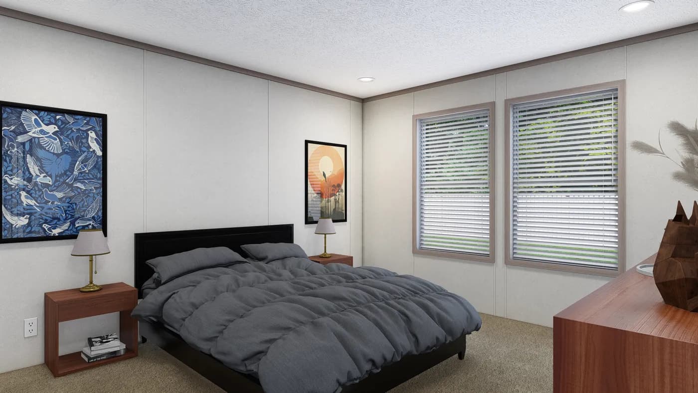The 5228-E774P THE PULSE Primary Bedroom. This Manufactured Mobile Home features 3 bedrooms and 2 baths.