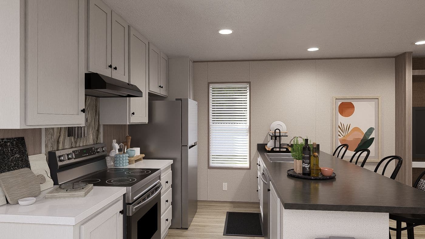 The BLAZER 66 F Kitchen. This Manufactured Mobile Home features 3 bedrooms and 2 baths.