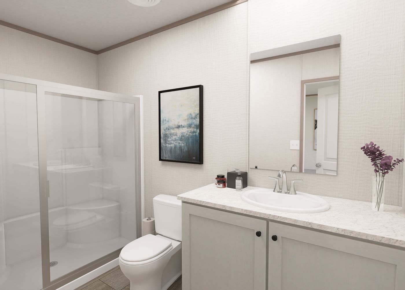 The FLEX COASTAL BREEZE Primary Bathroom. This Manufactured Mobile Home features 3 bedrooms and 2 baths.