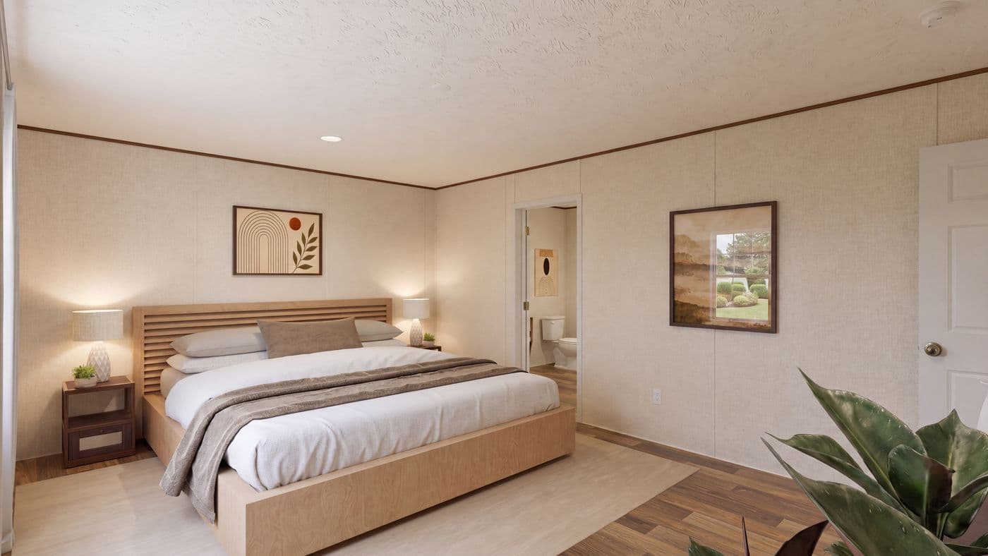 The SPRUCE Primary Bedroom. This Manufactured Mobile Home features 3 bedrooms and 2 baths.