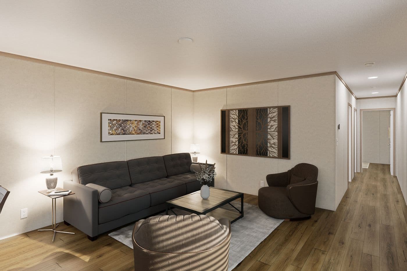 The 7616-CC01 CORNERSTONE 76 Living Room. This Manufactured Mobile Home features 3 bedrooms and 2 baths.