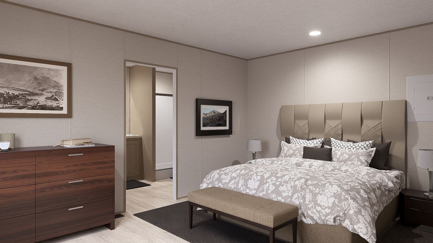 The BLAZER 66 B Primary Bedroom. This Manufactured Mobile Home features 3 bedrooms and 2 baths.