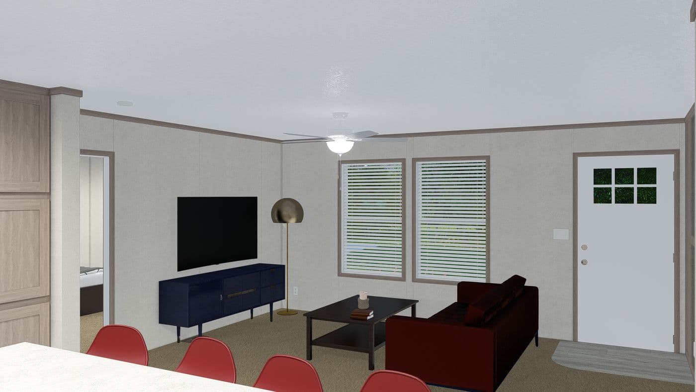 The 5628-E787 THE PULSE Living Room. This Manufactured Mobile Home features 3 bedrooms and 2 baths.