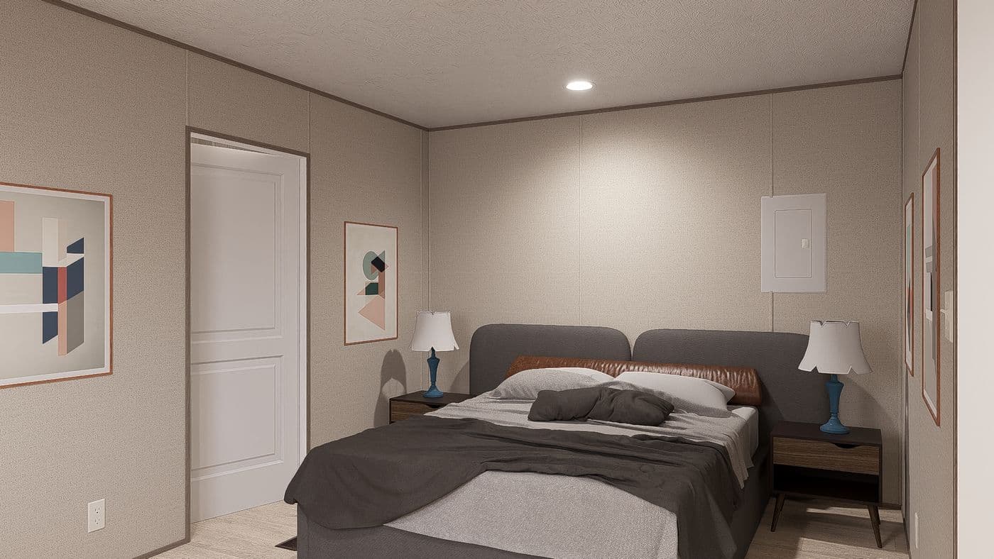 The BLAZER 56 B Primary Bedroom. This Manufactured Mobile Home features 2 bedrooms and 2 baths.