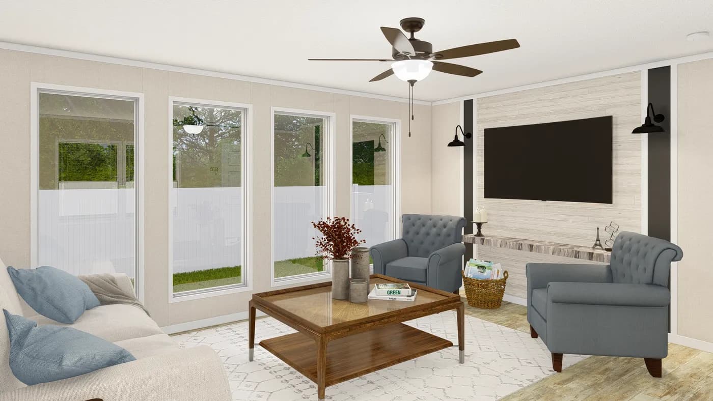 The GRAND LIVING 76B Living Room. This Manufactured Mobile Home features 3 bedrooms and 2 baths.