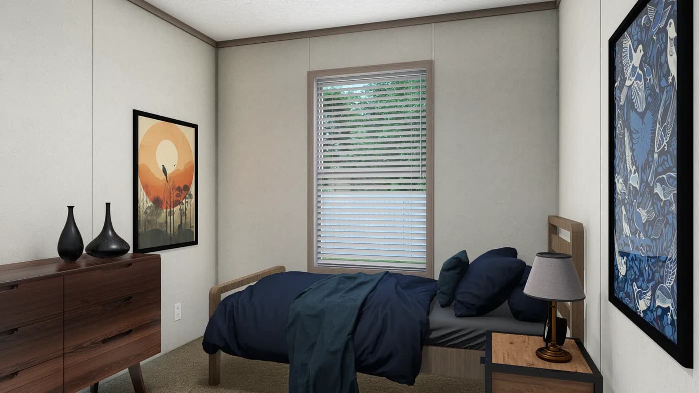 The 6616-4711 THE PULSE Guest Bedroom. This Manufactured Mobile Home features 3 bedrooms and 2 baths.