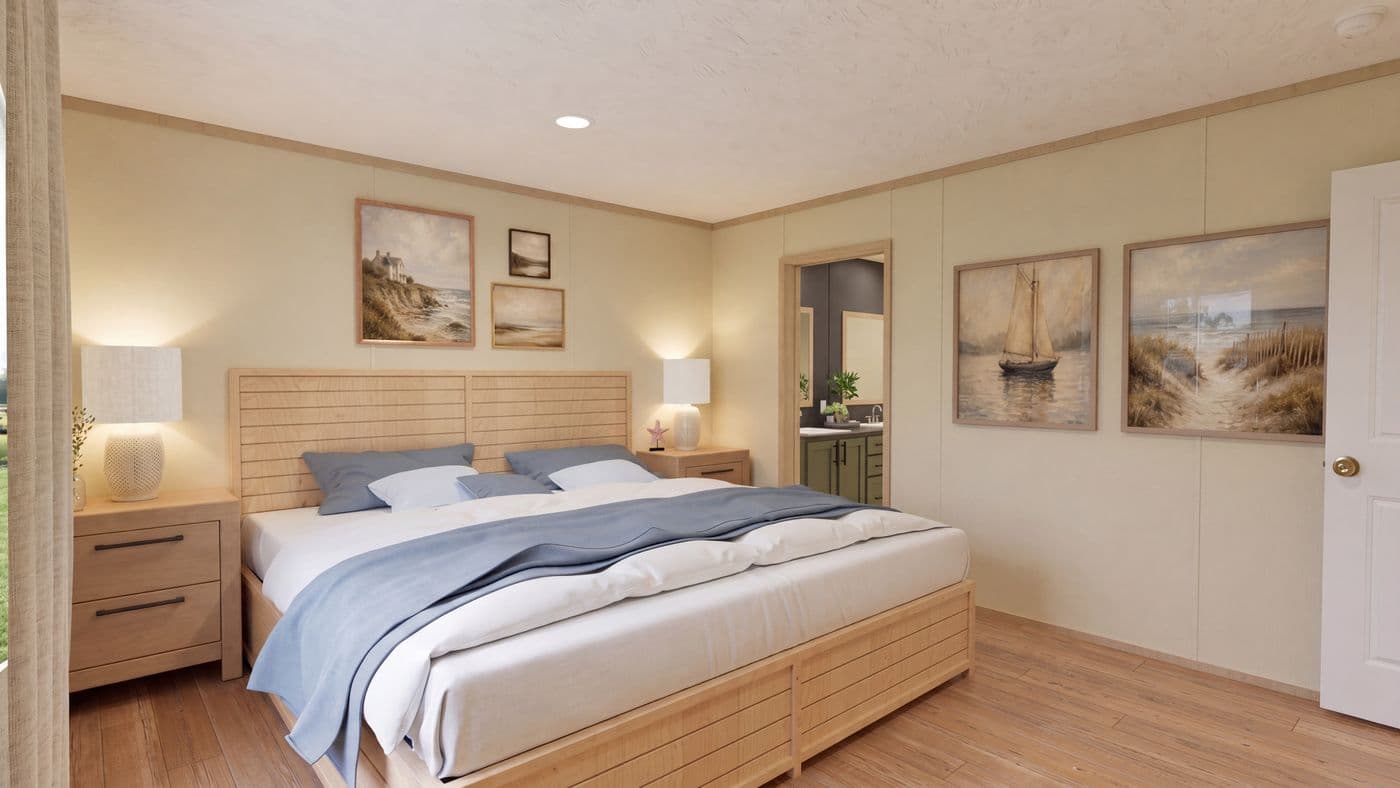 The BOONE Primary Bedroom. This Manufactured Mobile Home features 4 bedrooms and 2 baths.
