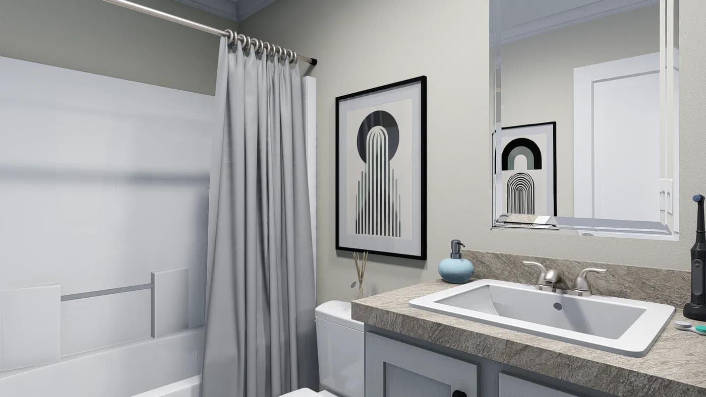The 5400 "WILDWOOD" 58'4X16 Guest Bathroom. This Manufactured Mobile Home features 2 bedrooms and 2 baths.