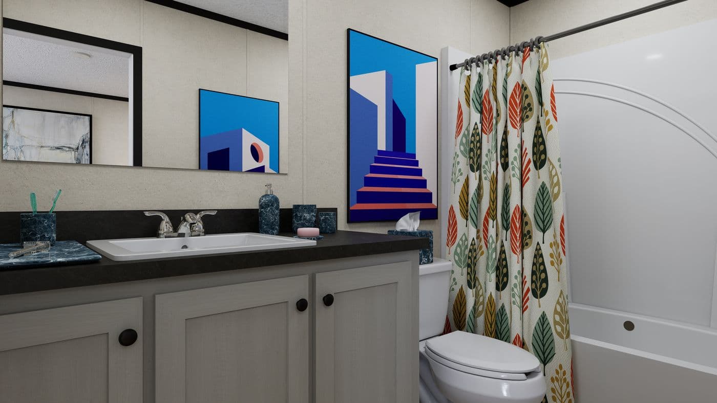 The 7016-CC01 CORNERSTONE 70 Primary Bathroom. This Manufactured Mobile Home features 3 bedrooms and 2 baths.