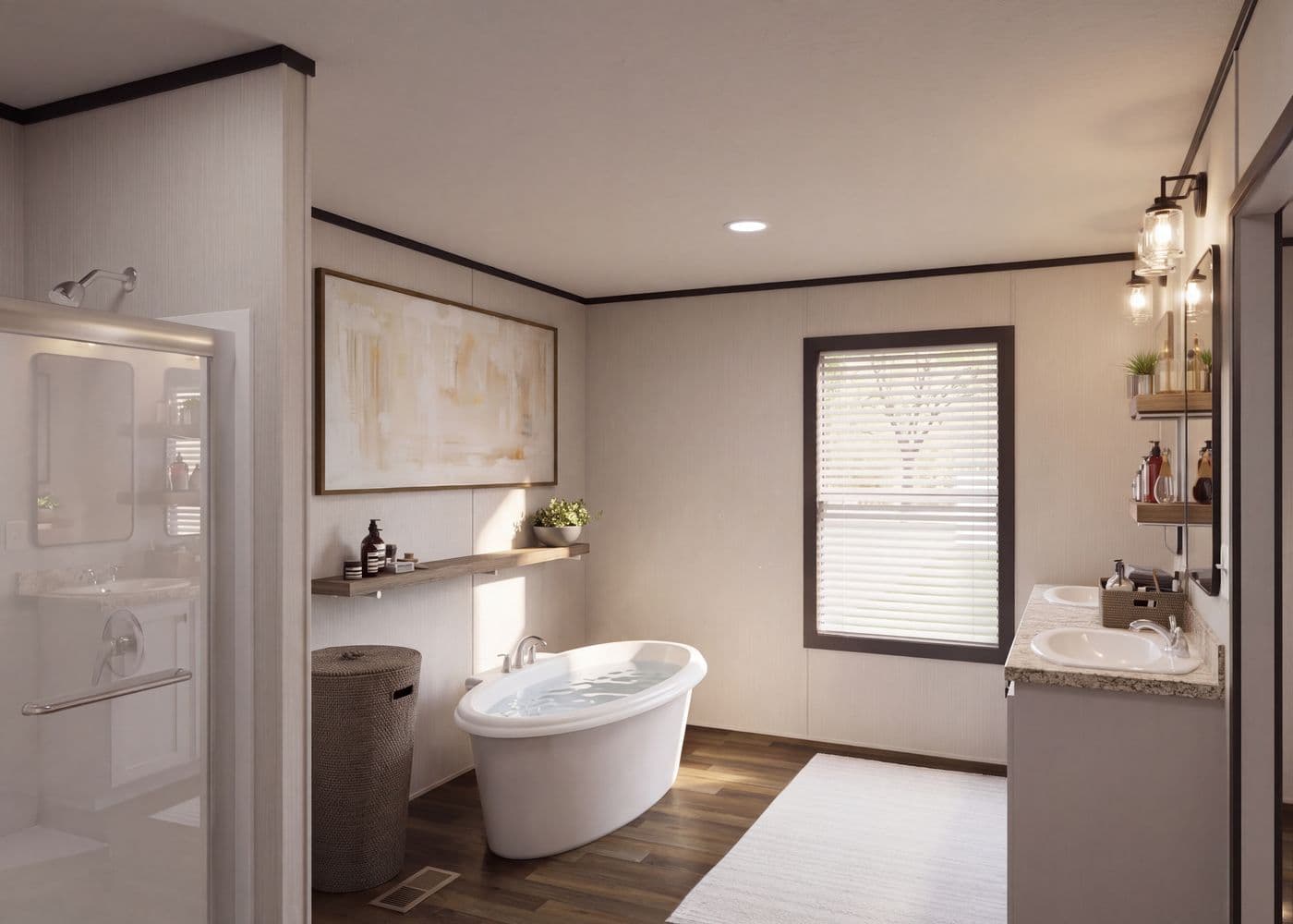 The THE FUSION 32H Primary Bathroom. This Manufactured Mobile Home features 5 bedrooms and 3 baths.