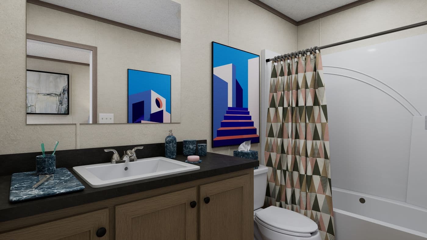 The 5616-CC01 CORNERSTONE 56 Primary Bedroom. This Manufactured Mobile Home features 2 bedrooms and 2 baths.