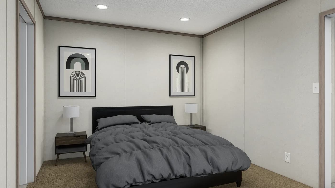 The 6616-4711 THE PULSE Primary Bedroom. This Manufactured Mobile Home features 3 bedrooms and 2 baths.