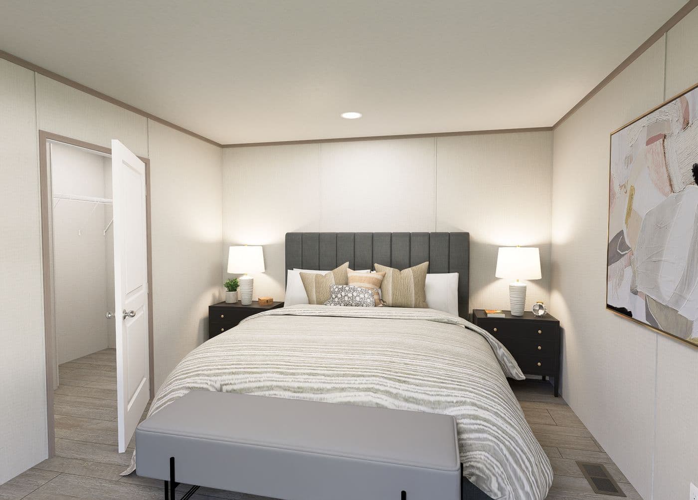 The FLEX COASTAL BREEZE Primary Bedroom. This Manufactured Mobile Home features 3 bedrooms and 2 baths.