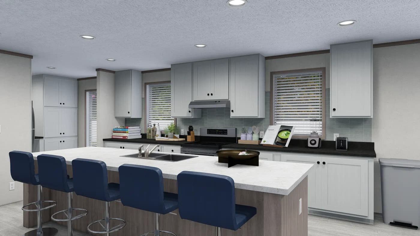 The 6428-E792 THE PULSE Kitchen. This Manufactured Mobile Home features 3 bedrooms and 2.5 baths.