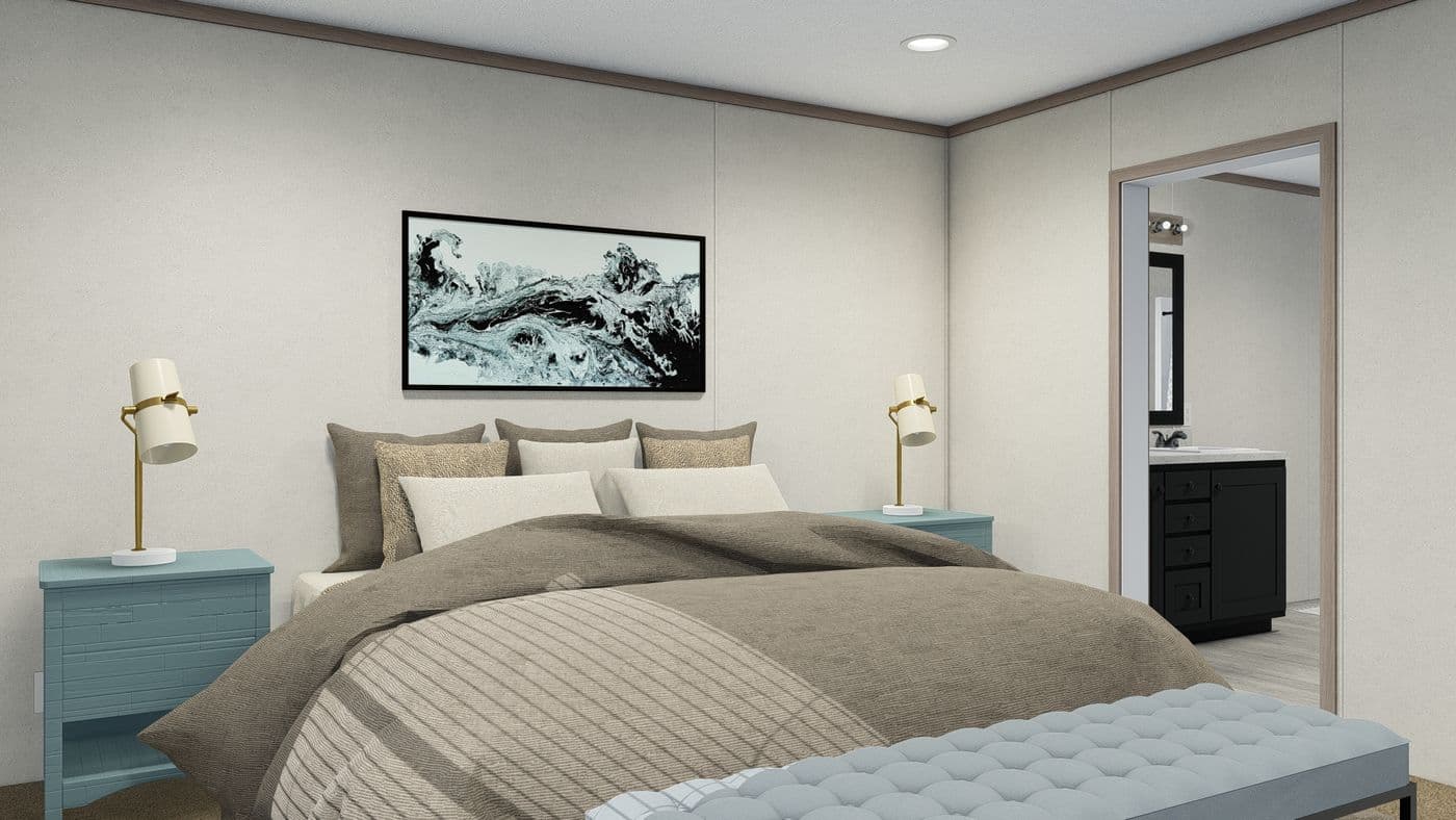 The 4828-5783 THE PULSE Primary Bedroom. This Manufactured Mobile Home features 3 bedrooms and 2 baths.