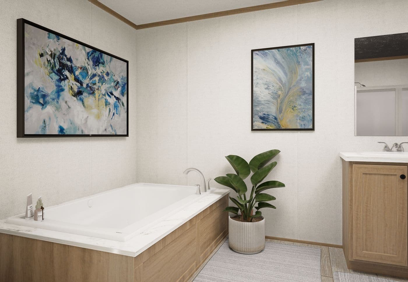 The THE MOUNTAINEER 68 Primary Bathroom. This Manufactured Mobile Home features 4 bedrooms and 2 baths.