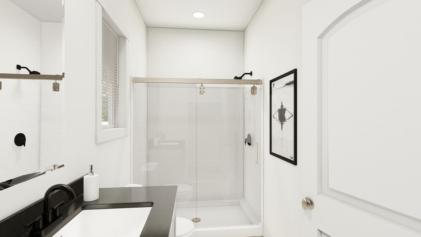 The HRR-1656-2A               CURE Primary Bathroom. This Manufactured Mobile Home features 2 bedrooms and 2 baths.
