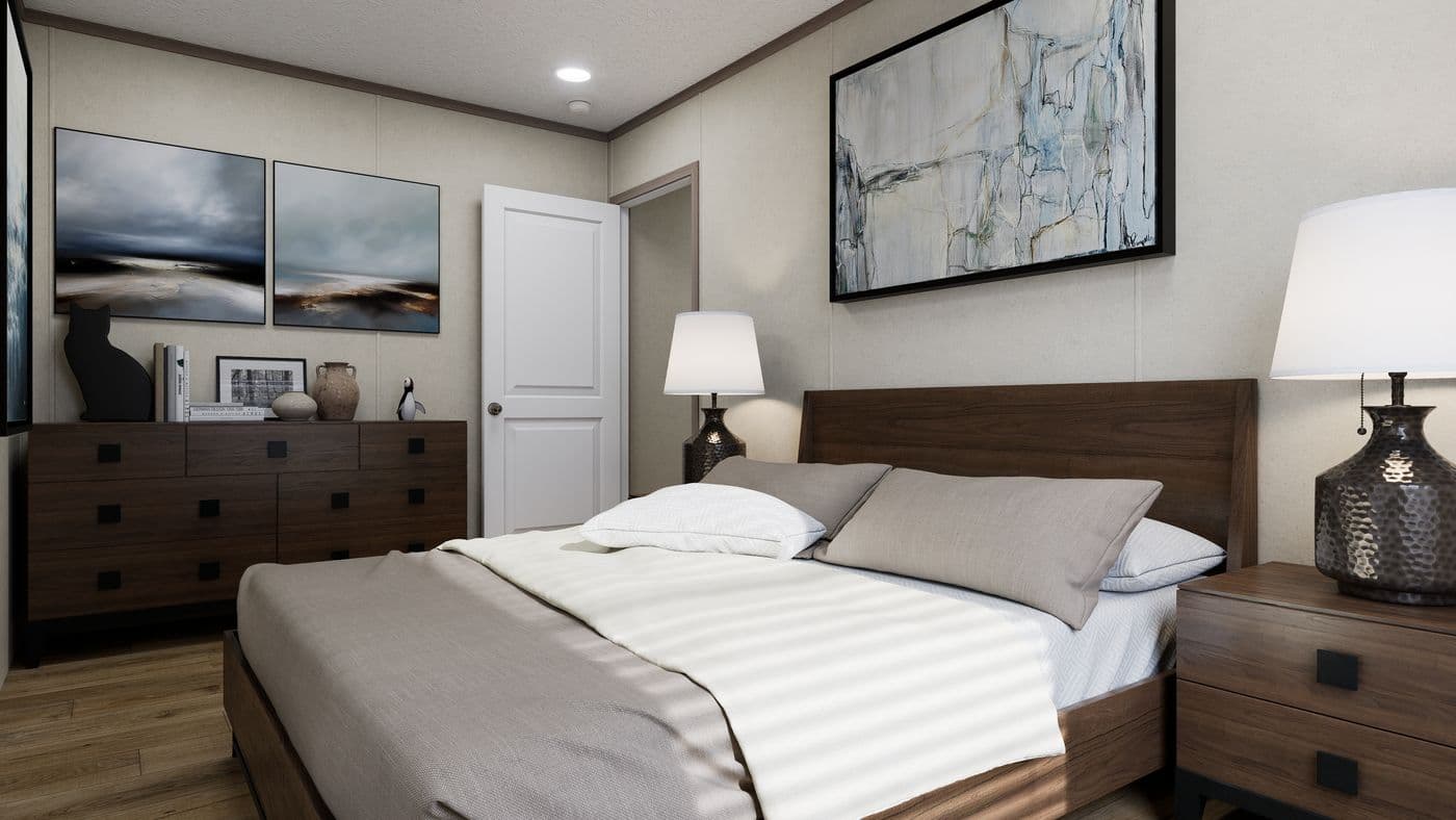 The 5616-CC01 CORNERSTONE 56 Primary Bedroom. This Manufactured Mobile Home features 2 bedrooms and 2 baths.