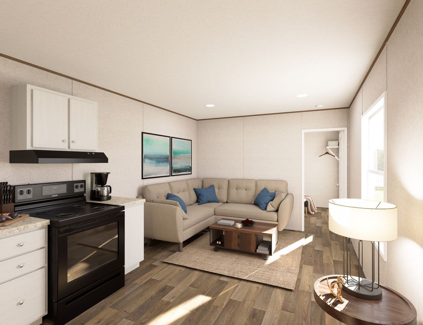 The TULIP Living Room. This Manufactured Mobile Home features 2 bedrooms and 1 bath.