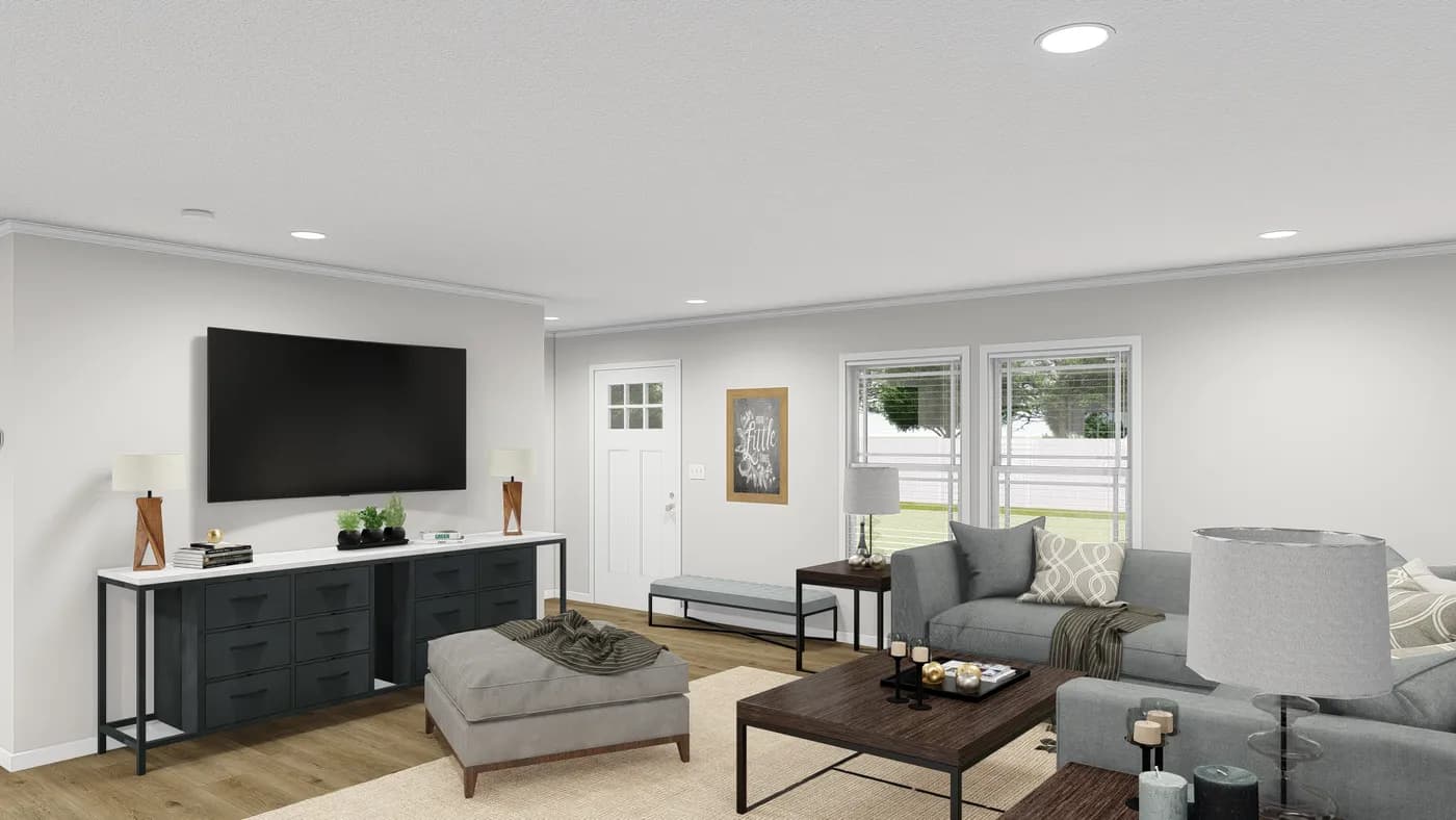 The HAWTHORNE Living Room. This Manufactured Mobile Home features 3 bedrooms and 2 baths.