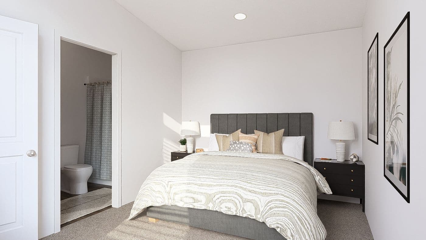 The DRM601M 60'              DREAM Primary Bedroom. This Manufactured Mobile Home features 1 bedroom and 2 baths.