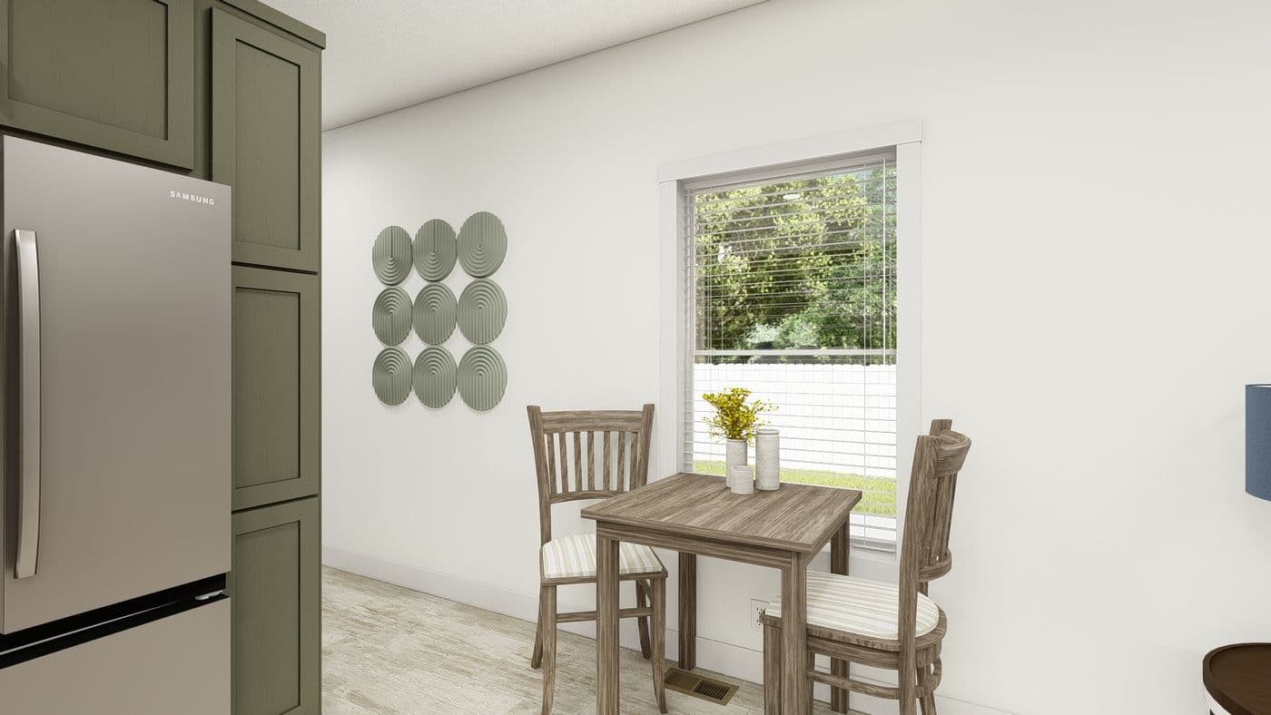 The HRR-1656-2A               CURE Dining Area. This Manufactured Mobile Home features 2 bedrooms and 2 baths.