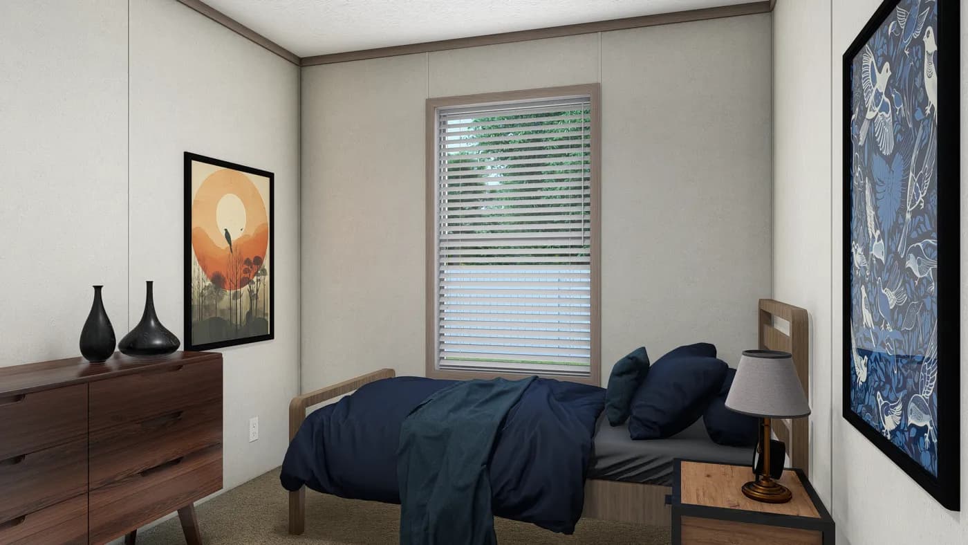 The 6016-4711 THE PULSE Guest Bedroom. This Manufactured Mobile Home features 2 bedrooms and 2 baths.