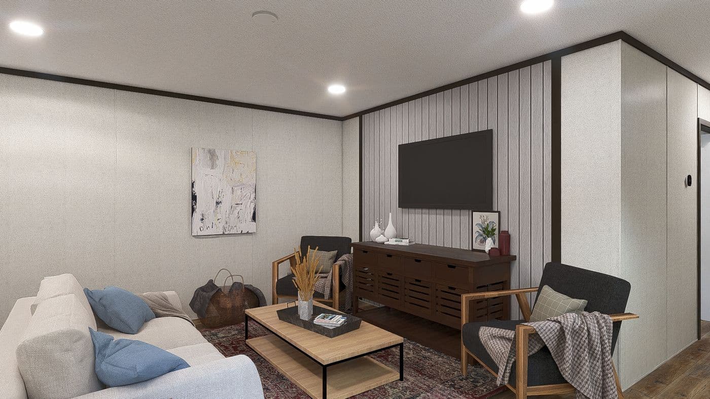 The DYNAMIC Living Room. This Manufactured Mobile Home features 3 bedrooms and 2 baths.