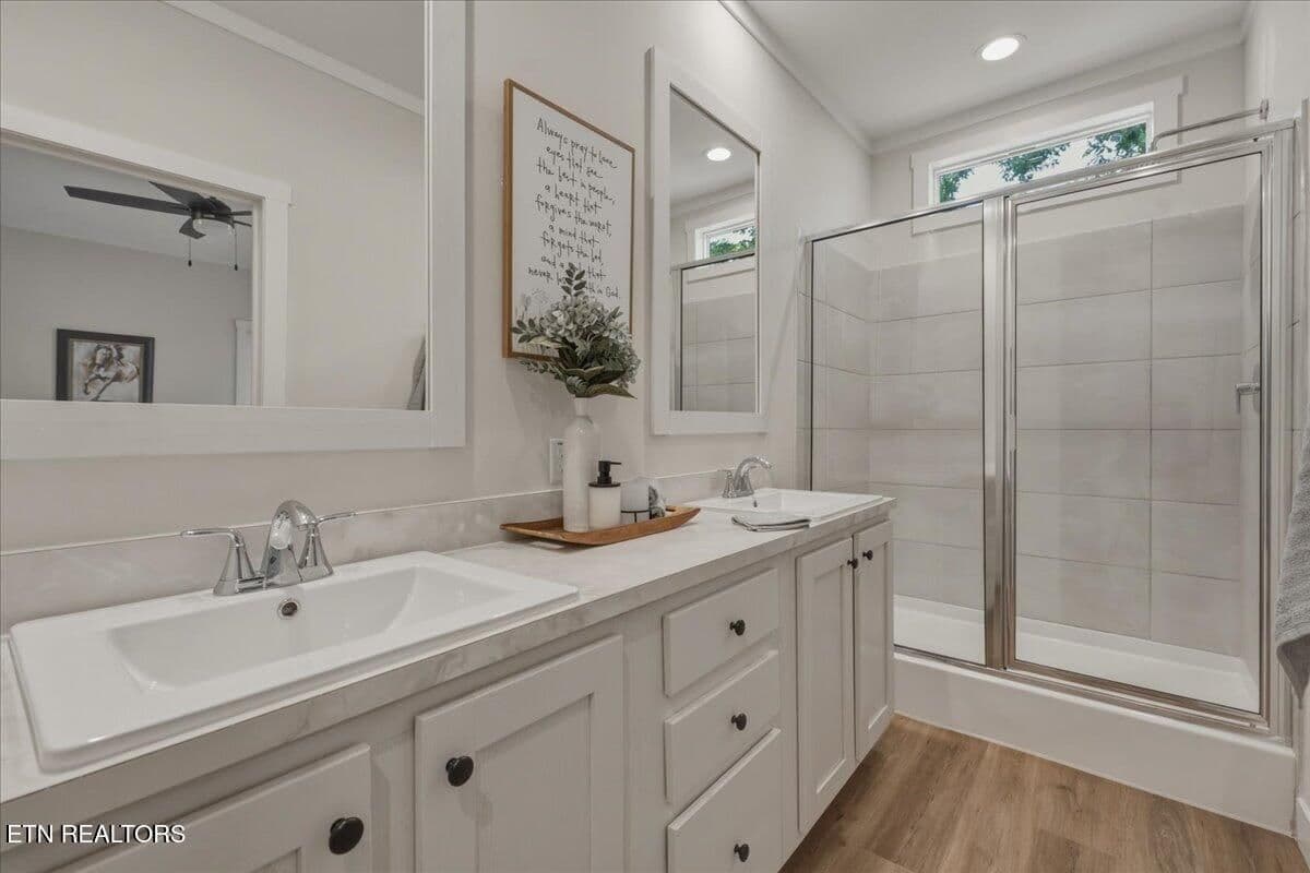 Double Vanity and 60 inch tile shower make getting ready in the morning a more relaxing experience.