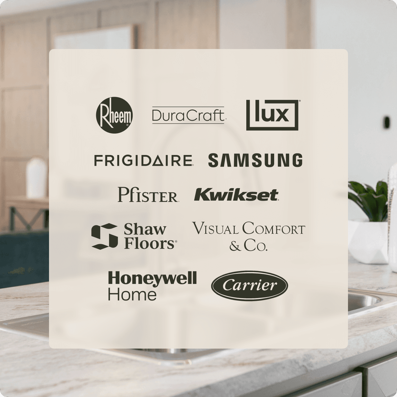 Logos of the trusted household brands included in Clayton homes, set over a modern kitchen.